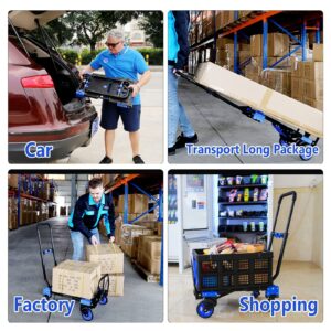 Folding Hand Truck and Dolly Cart Heavy Duty 330lb Load Carrying Portable 2 in 1 Convertible Hand Truck with 4 Rubber Wheels 2 Bungee Cords for Traveling,Office Use,Travel (Hand Truck with Basket)