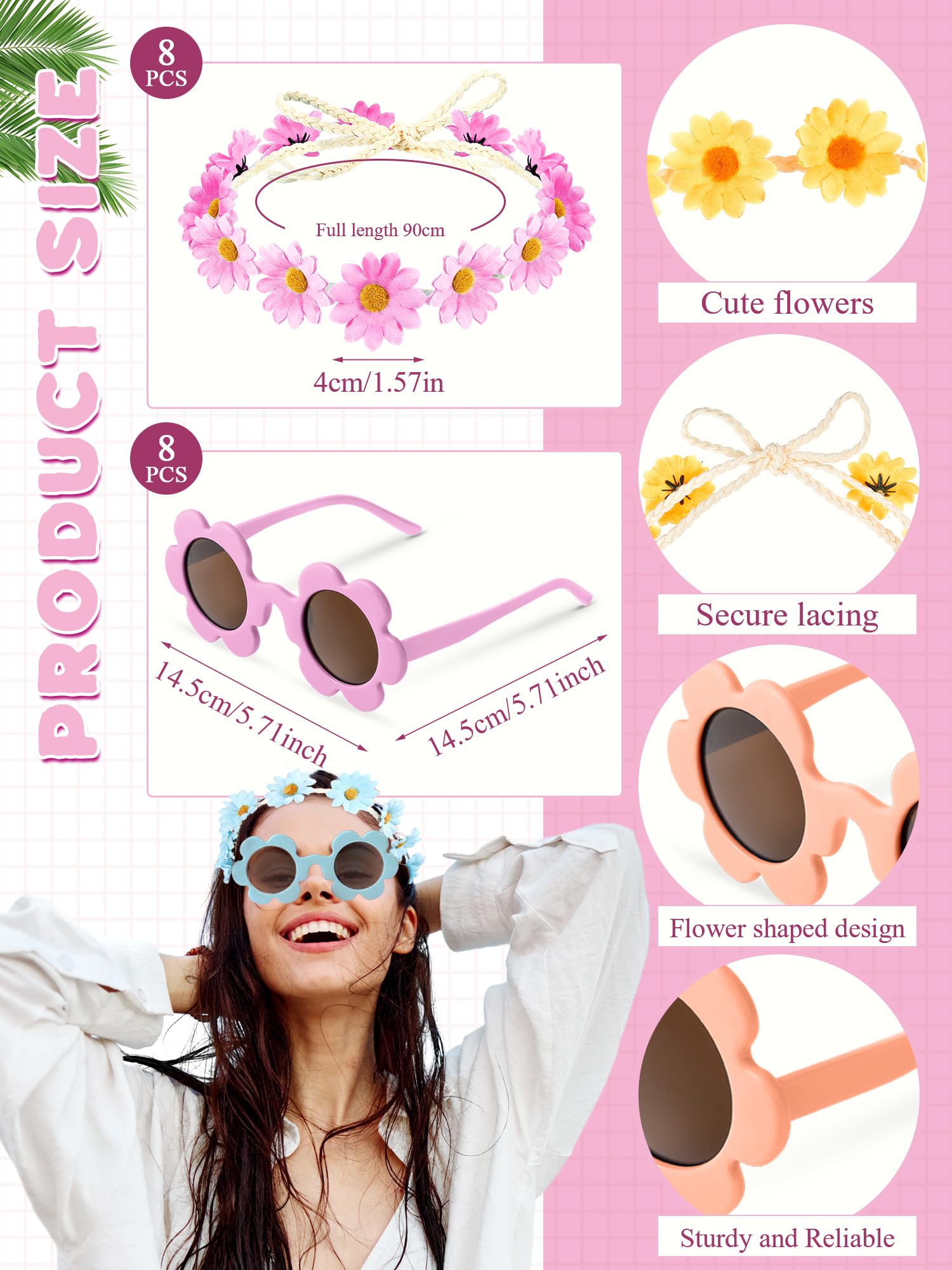 Kanayu 16 Pcs Adults Flower Sunglasses Daisy Flower Headbands Set, Round Flower Glasses Sunflower Hair Wreath Flower Crown (Classic Colors)