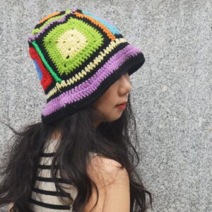 Women-Crochet-Hat-Knitted Floral Bucket-Hat-Handmade Plaid Fisherman-Hat-for-Women Fall-Spring-Winter-Summer Blue