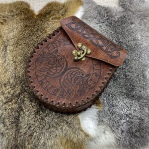 HiiFeuer Viking Fenrir Embossed Buckle Belt with Nordic Embossed Belt Bag, Vintage Faux Leather Belt and Belt Pouch Set for LARP (Brown C)