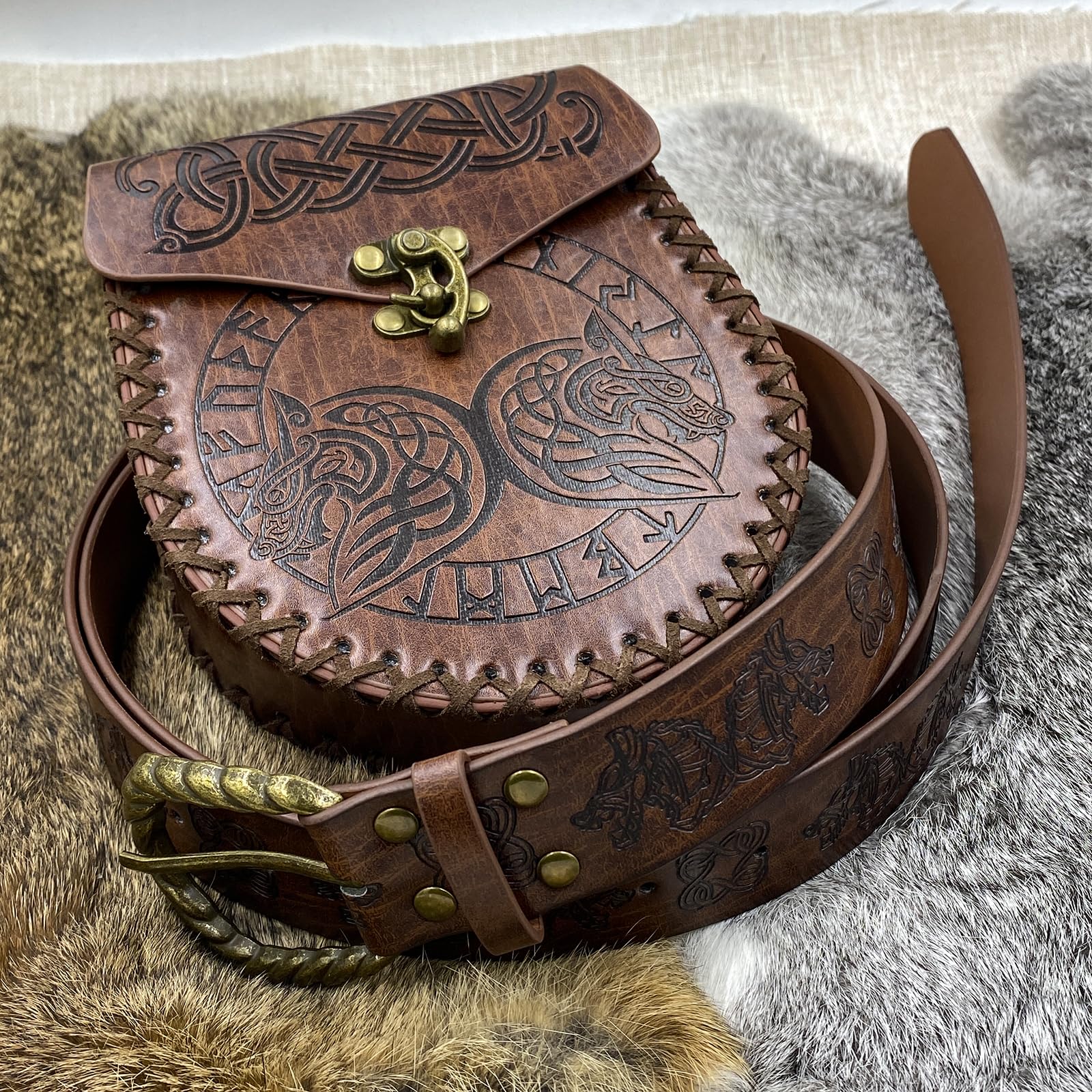 HiiFeuer Viking Fenrir Embossed Buckle Belt with Nordic Embossed Belt Bag, Vintage Faux Leather Belt and Belt Pouch Set for LARP (Brown C)