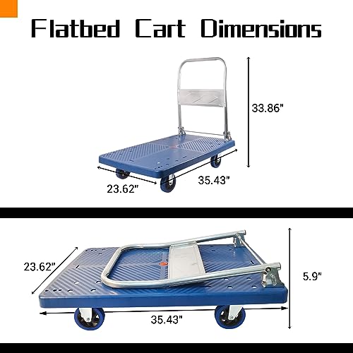 VAIDPRO Push Cart Dolly 660LBS, Moving Flatbed Cart Folding Platform Truck Swivel Push Heavy Duty Hand Flat Cart for Loading, Groceries, Garage, Warehouse