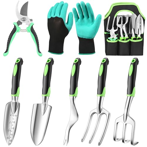 JMOO Garden Tools, 8-Piece Garden Tool Set with Non-Slip Ergonomic Handles, Lightweight Aluminum Alloy Rust-Proof Durable Gardening Hand Tools, Ideal Gardening Tools Gifts for Women and Men