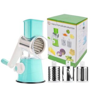 3rd generation rotary cheese grater, mandoline vegetable slicer with 3 replacement blades, easy to clean rotary shredder for fruit, vegetables