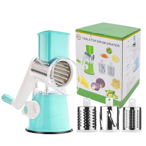 3rd Generation Rotary Cheese Grater, Mandoline Vegetable Slicer with 3 Replacement Blades, Easy to Clean Rotary Shredder for Fruit, Vegetables