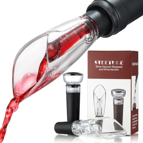 STEETURE Wine Aerator Pourer Spout and Wine Stopper Vacuum Pump, Wine Decanter with Aerator Improved Flavor Enhanced Bouquet Bubbles, Wine Gift Accessories Bottle Corks Saver Sealer No Drip No Spill