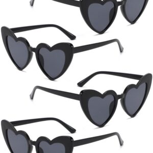 4 Pack Heart Shaped Sunglasses Trendy Cat Eye Love Heart Glasses Vintage Retro Heart Sunglasses for Women(Black)