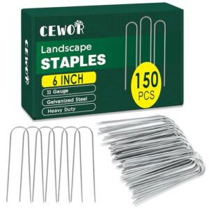 cewor 150 pack landscape staples 6 inch, garden staples 11 gauge galvanized metal ground stakes heavy duty u pins yard lawn stakes for landscape fabric, soaker hose, dog fence, drip tubing