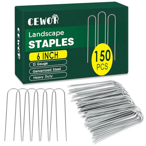 CEWOR 150 Pack Landscape Staples 6 Inch, Garden Staples 11 Gauge Galvanized Metal Ground Stakes Heavy Duty U Pins Yard Lawn Stakes for Landscape Fabric, Soaker Hose, Dog Fence, Drip Tubing