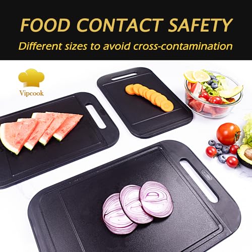 Vipcook Cutting Boards for Kitchen 3Pcs Set Larger Chopping Board Thick Cutting Board Dishwasher Safe with Easy Grip Handle Juice Grooves BPA Free Non-Slip (Black)