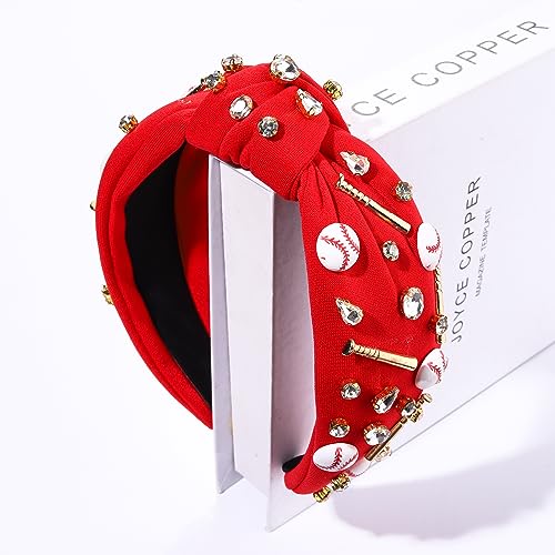 Women's Sport Headband with Baseball Charms, Crystal Jeweled Embellished Wide Top Knot Headpiece, Game Day Accessory and Funny Gift for Ladies Girl Fans (RED)