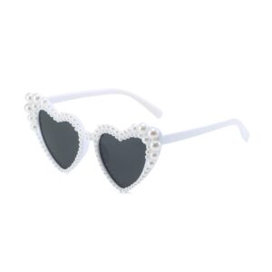 Hanj Love Heart Pearl Sunglasses for Women Rhinestone Glasses Bachelorette Party Bride Sunglasses (White)