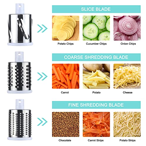 3rd Generation Rotary Cheese Grater, Mandoline Vegetable Slicer with 3 Replacement Blades, Easy to Clean Rotary Shredder for Fruit, Vegetables