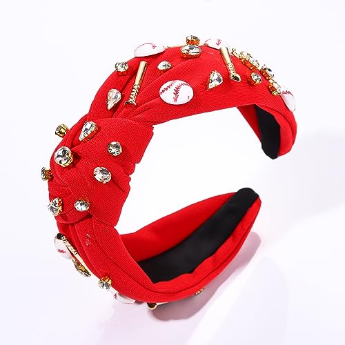 Women's Sport Headband with Baseball Charms, Crystal Jeweled Embellished Wide Top Knot Headpiece, Game Day Accessory and Funny Gift for Ladies Girl Fans (RED)