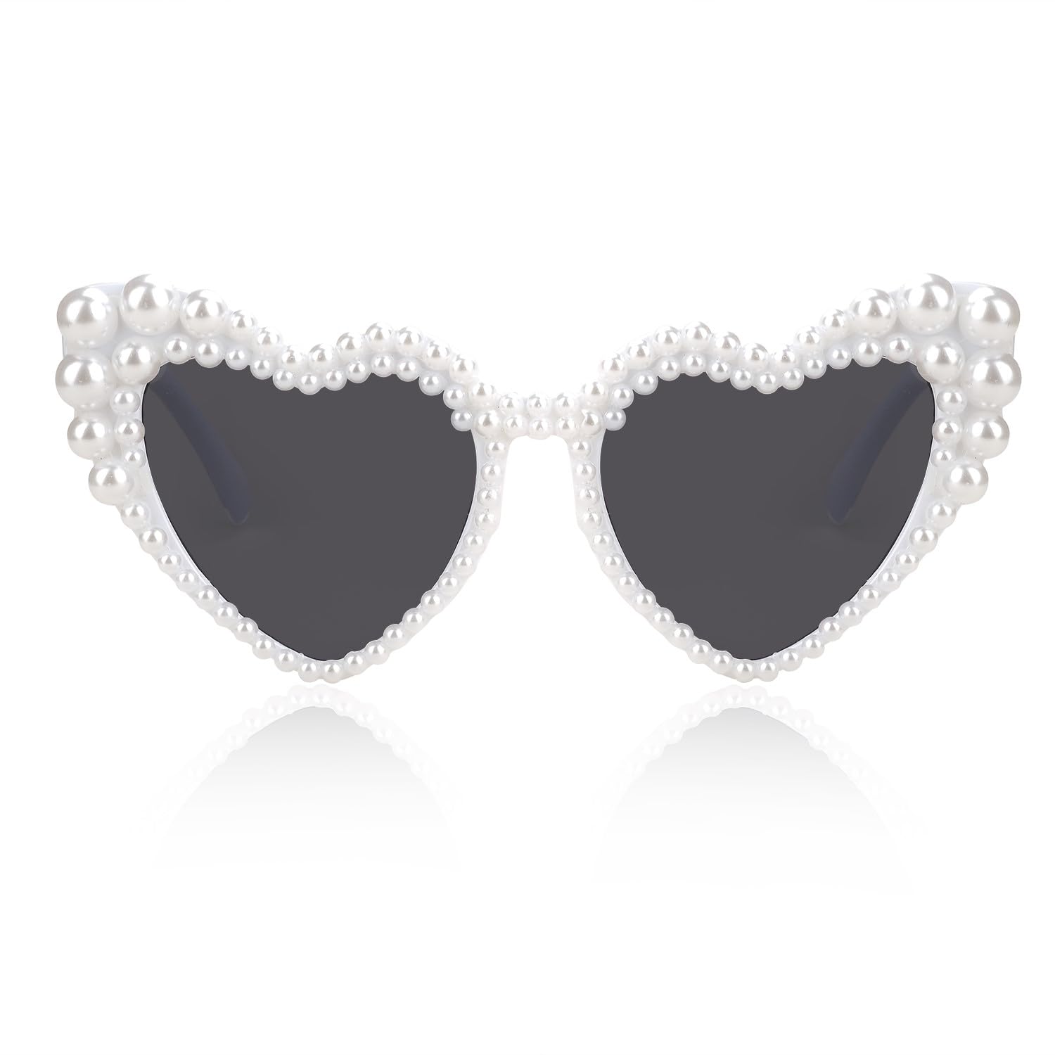 Hanj Love Heart Pearl Sunglasses for Women Rhinestone Glasses Bachelorette Party Bride Sunglasses (White)