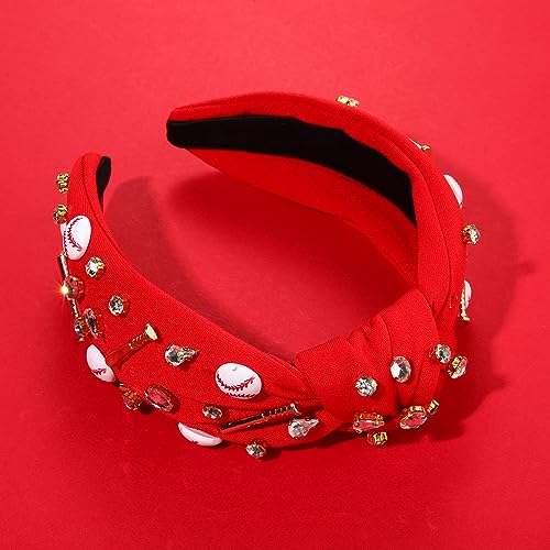 Women's Sport Headband with Baseball Charms, Crystal Jeweled Embellished Wide Top Knot Headpiece, Game Day Accessory and Funny Gift for Ladies Girl Fans (RED)