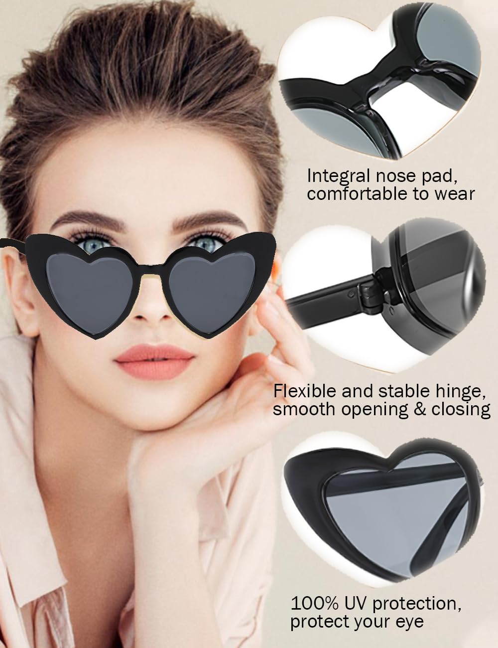 4 Pack Heart Shaped Sunglasses Trendy Cat Eye Love Heart Glasses Vintage Retro Heart Sunglasses for Women(Black)