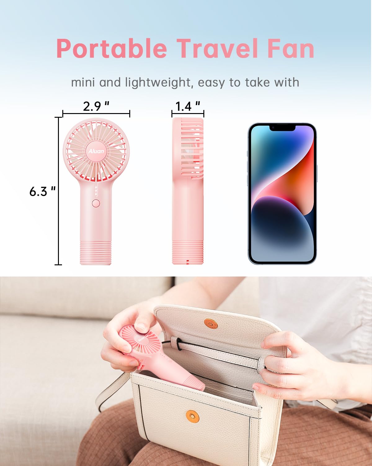 Aluan Handheld Fan Mini Fan Portable Hand Held Fan Rechargeable 4800mAh Battery Operated Fan with Power Bank Powerful 3 Speeds Small Personal Fan for Travel Makeup Kids Women Men, Pink