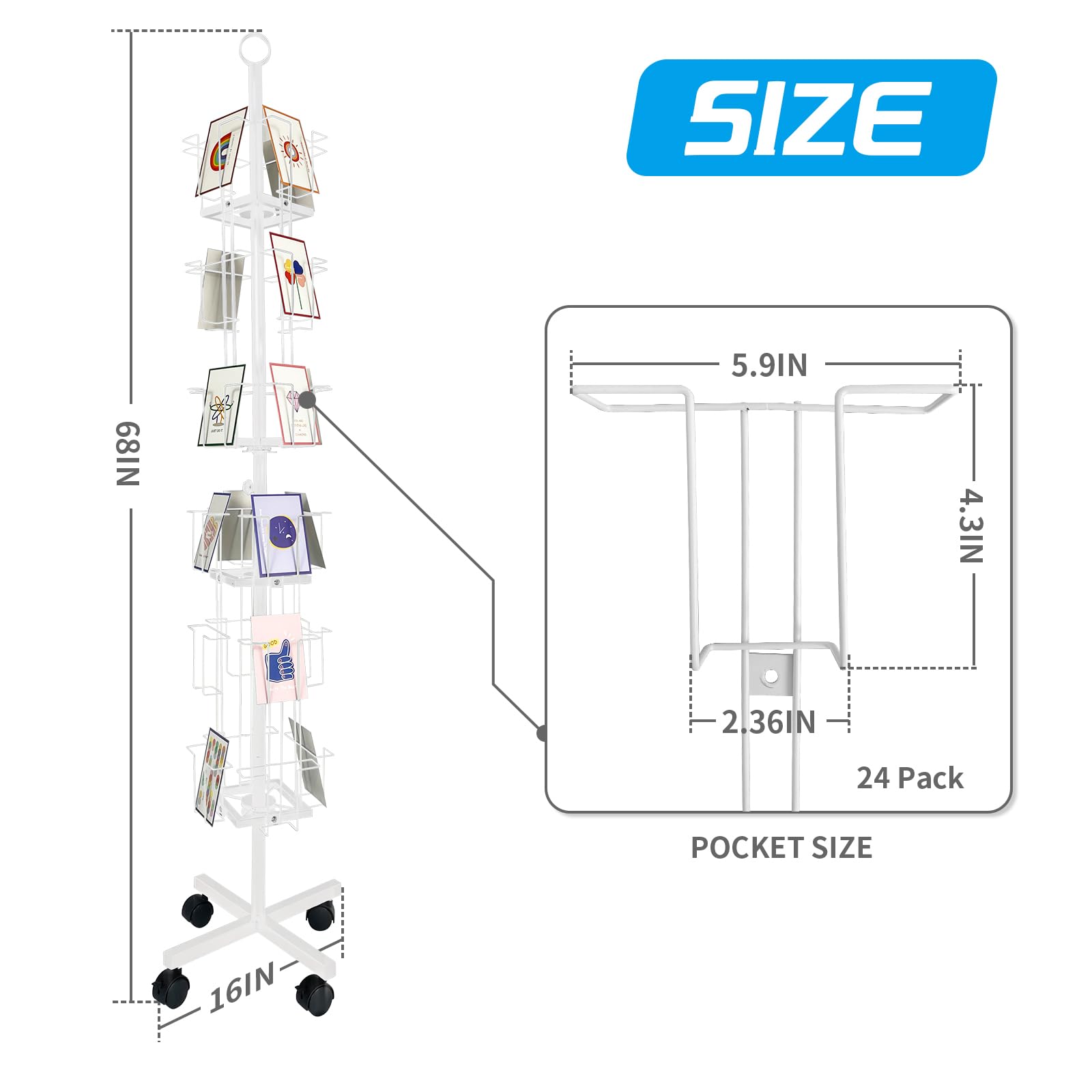 Tongmo Greeting Card Rack: Enhance Your Display with a 24-Pocket Rotating Countertop Solution for Postcards, Brochures, and Greeting Cards (White, 65”H - 24 Pockets)