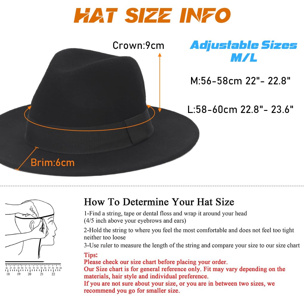 Ruphedy Wool Fedora Hats for Men Women Wide Brim Felt Panama Hat (B5030-Black-L)