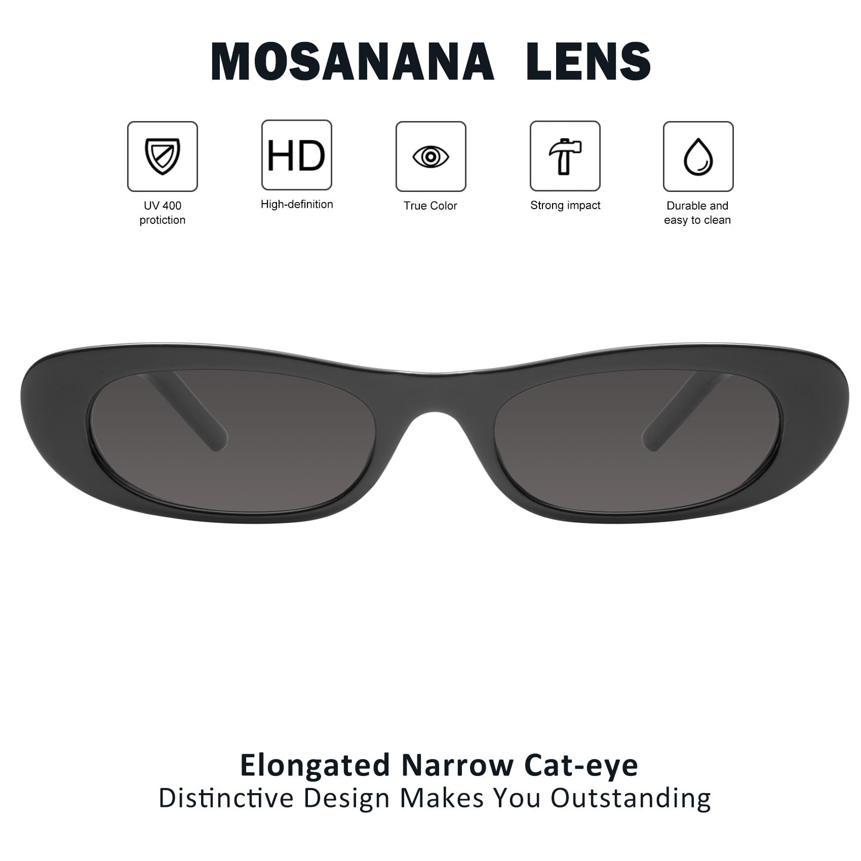 mosanana Elongated Narrow Cat Eye Sunglasses for Women Trendy Fashion Cute Cool Stylish Skinny Oval Black Small 90s 2024 Tiny Petite MS52357