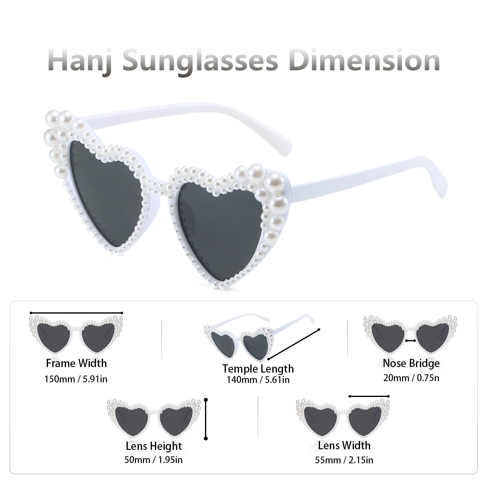 Hanj Love Heart Pearl Sunglasses for Women Rhinestone Glasses Bachelorette Party Bride Sunglasses (White)