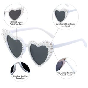 Hanj Love Heart Pearl Sunglasses for Women Rhinestone Glasses Bachelorette Party Bride Sunglasses (White)