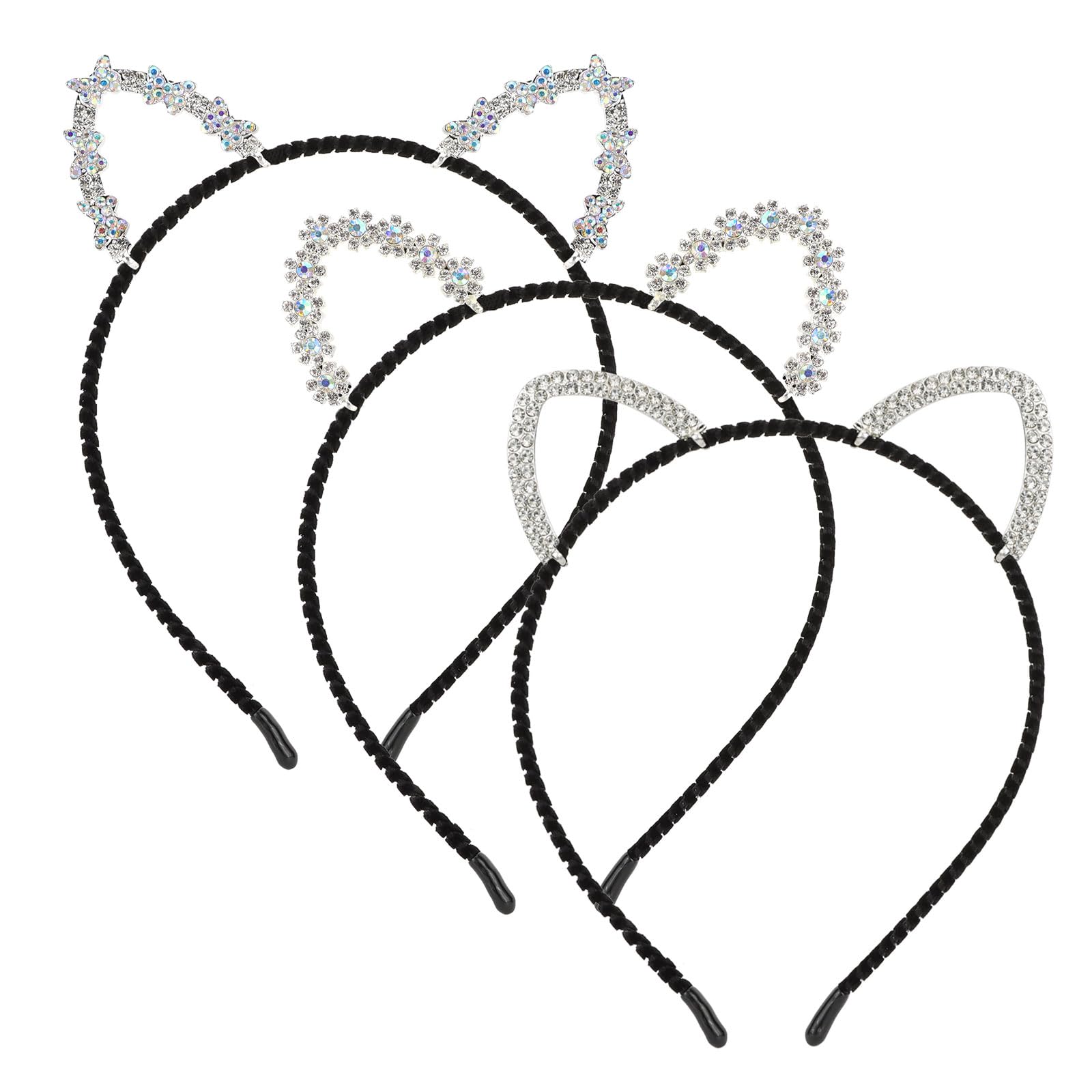 WHAVEL 3 Pcs Cat Ears Headband, Fabric & Rhinestone Cat Headband - Hair Accessories for Women, One Size Fits All, Perfect for Halloween, Cosplay, Party Supplies, Hair Styling, Costume Ball, Gift