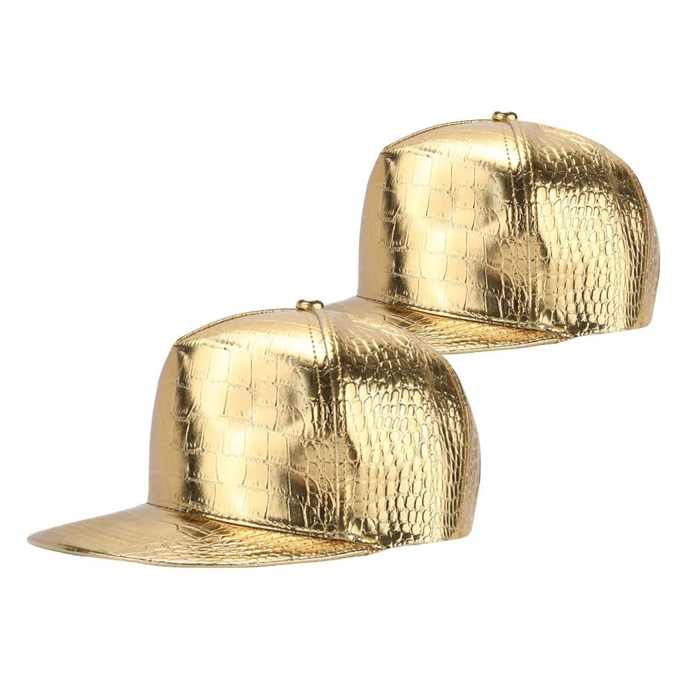 2Pack Hip Hop Gold Hat Rock Flat Brim Bill Hats Adjustable Funny Snapback Hat for Men and Women