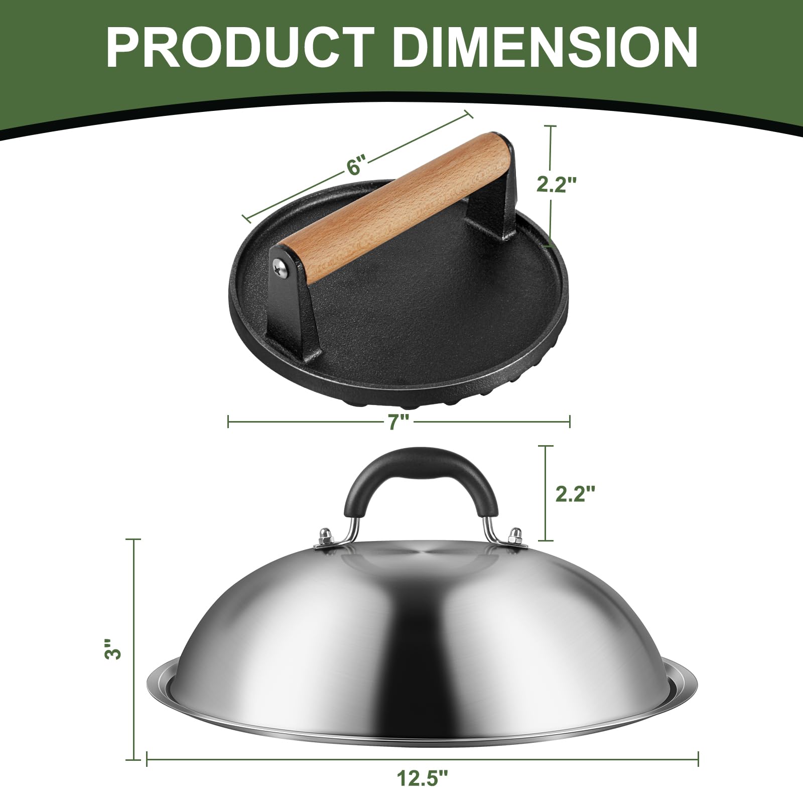 Griddle Accessories for Blackstone, Commercial Grade 12 Inch Heavy Duty Round Melting Dome with 7" Round Cast Iron Grill Burger Bacon Press, Perfect for Blackstone Camp Chef Flat Top Griddle Grill