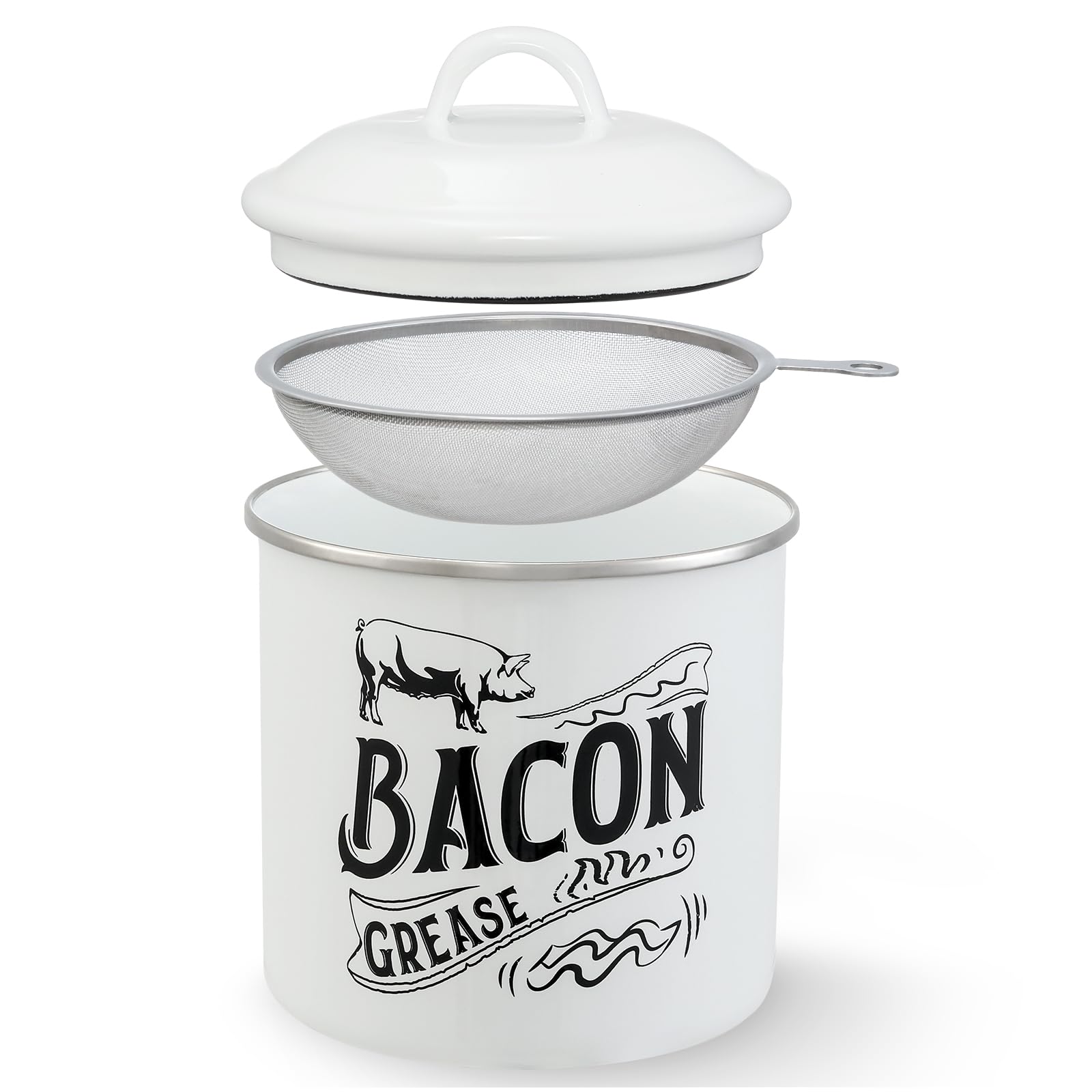 1.3L Bacon Grease Saver Container with Fine Mesh Strainer - Enamel & Stainless Steel Oil Keeper Can for Bacon Fat Dripping - Farmhouse Kitchen Gift & Decor Cooking Accessories - Dishwasher Safe, White