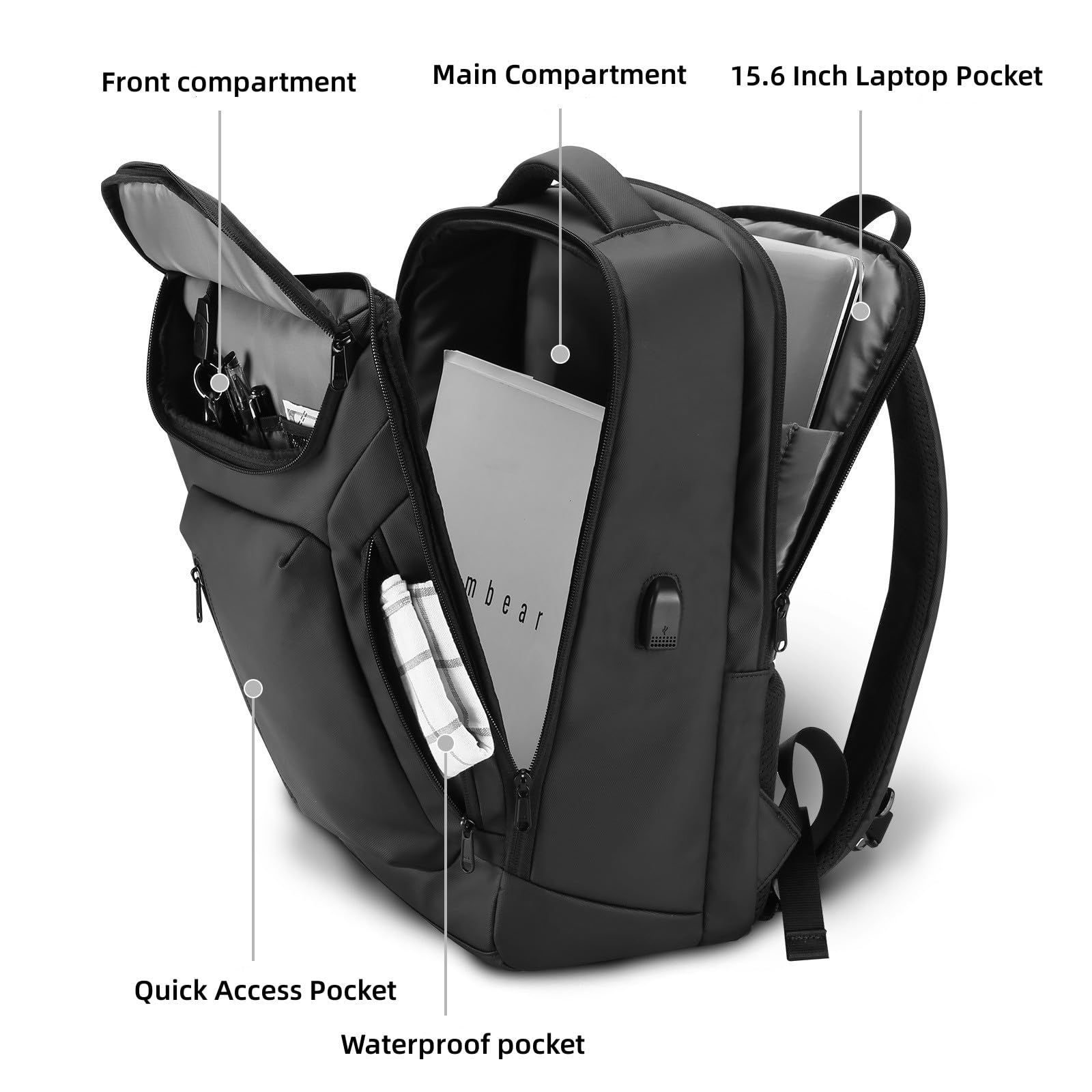 HOMIEE Business Smart Backpack Waterproof, Slim Durable Carry on Backpack 15.6 Inch Travel Laptop Backpack with USB Charging Port, Black