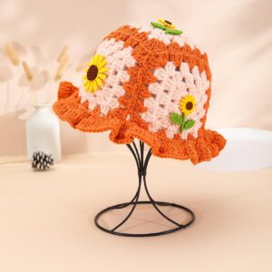 Verdusa Women's Floral Applique Crochet Bucket Hats Knit Caps Orange one-Size