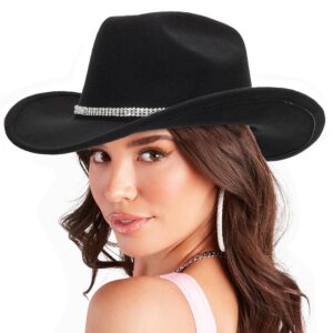 Women & Men Felt Western Cowboy Hat Classic Roll Up Brim Belt Buckle Cowgirl Fedoras (M-L)