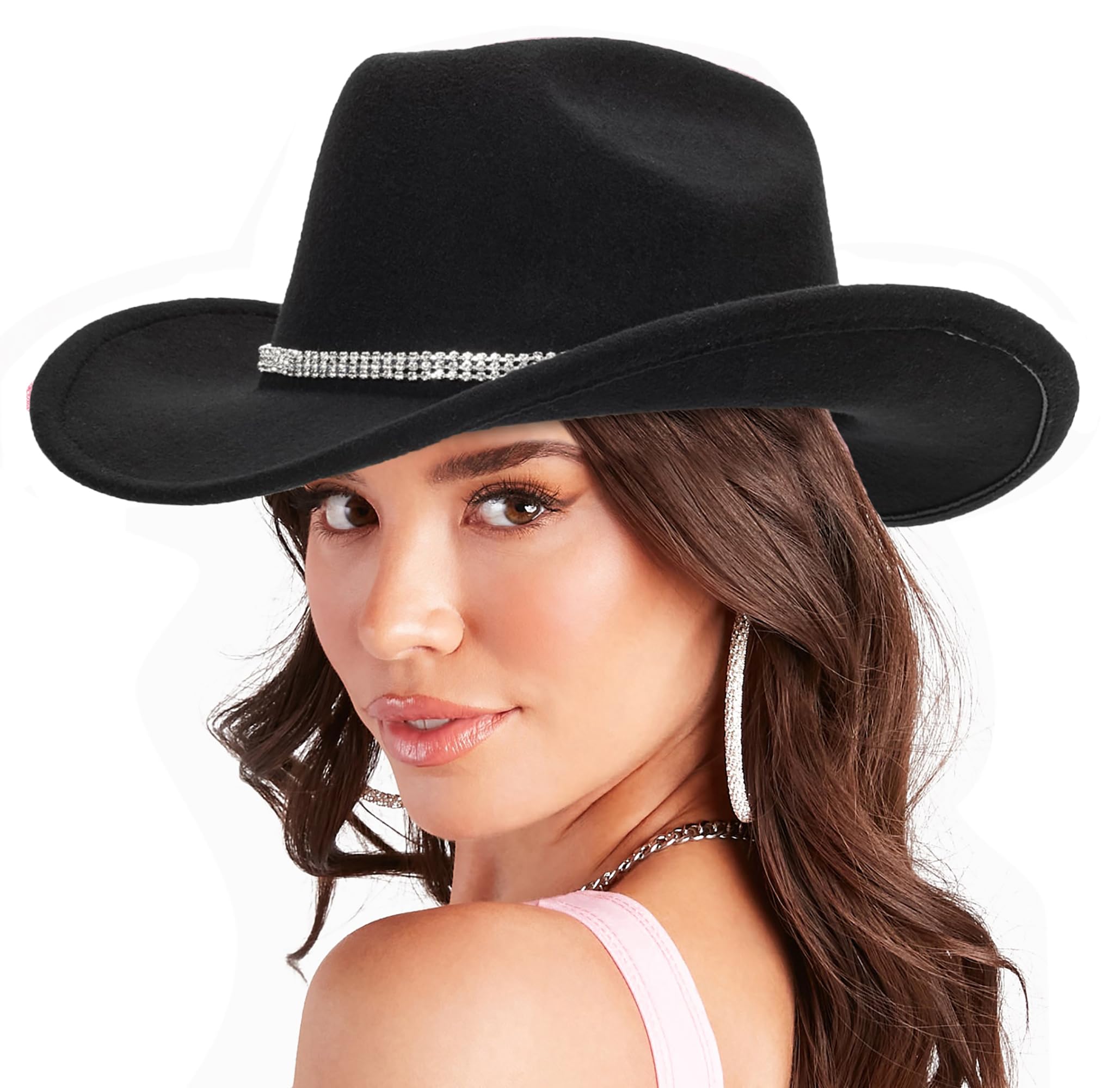 Women & Men Felt Western Cowboy Hat Classic Roll Up Brim Belt Buckle Cowgirl Fedoras (M-L)