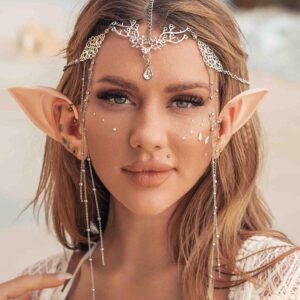 Jovono Boho Head Chain with Fairy Elf Ears Silver Hair Chain Elf Headpieces Fairy Hair Accessories for Women