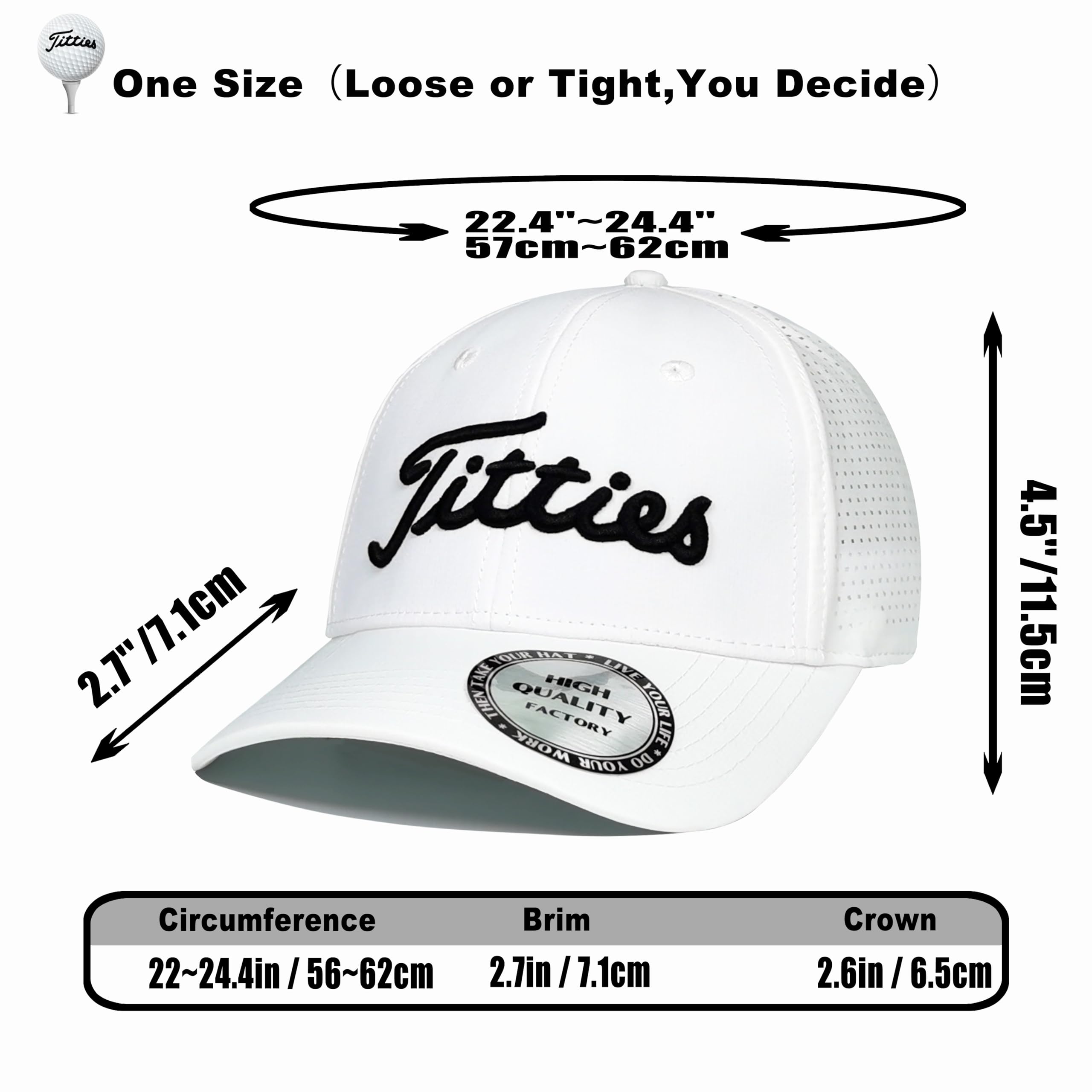 Tittiess Golf Hats for Men Women,Funny Titties Golf Gifts Baseball Cap for Adults Humor,White 1