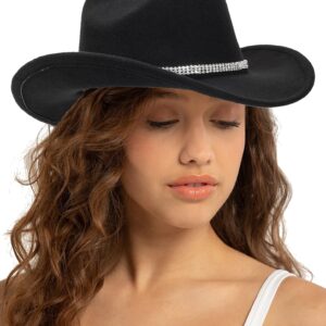 Women & Men Felt Western Cowboy Hat Classic Roll Up Brim Belt Buckle Cowgirl Fedoras (M-L)