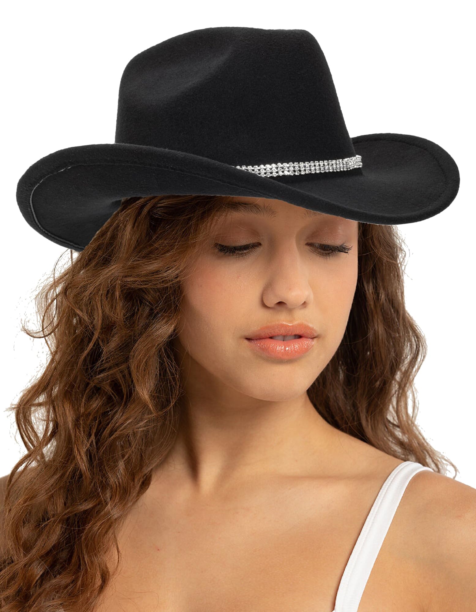 Women & Men Felt Western Cowboy Hat Classic Roll Up Brim Belt Buckle Cowgirl Fedoras (M-L)