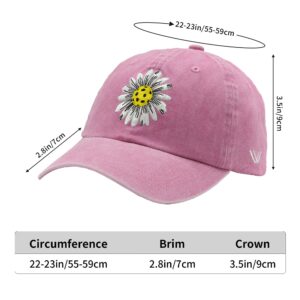 Waldeal Pickleball Hat for Women, Ajustable Embroidered Daisy Washed Denim Baseball Cap, Pink