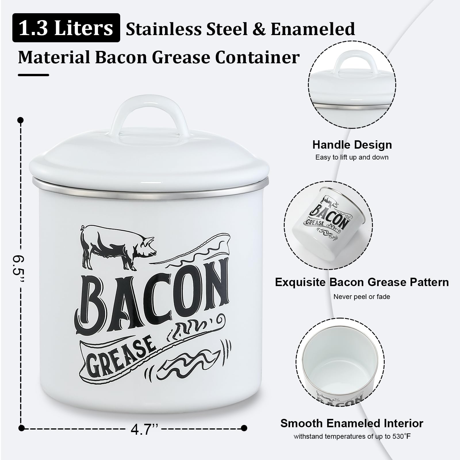 1.3L Bacon Grease Saver Container with Fine Mesh Strainer - Enamel & Stainless Steel Oil Keeper Can for Bacon Fat Dripping - Farmhouse Kitchen Gift & Decor Cooking Accessories - Dishwasher Safe, White