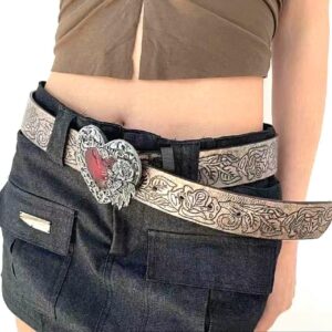 Rsleepd Retro Pattern Heart Belt, Fashion Printing Belt with Heart Buckle Adjustable Punk Belt for Women