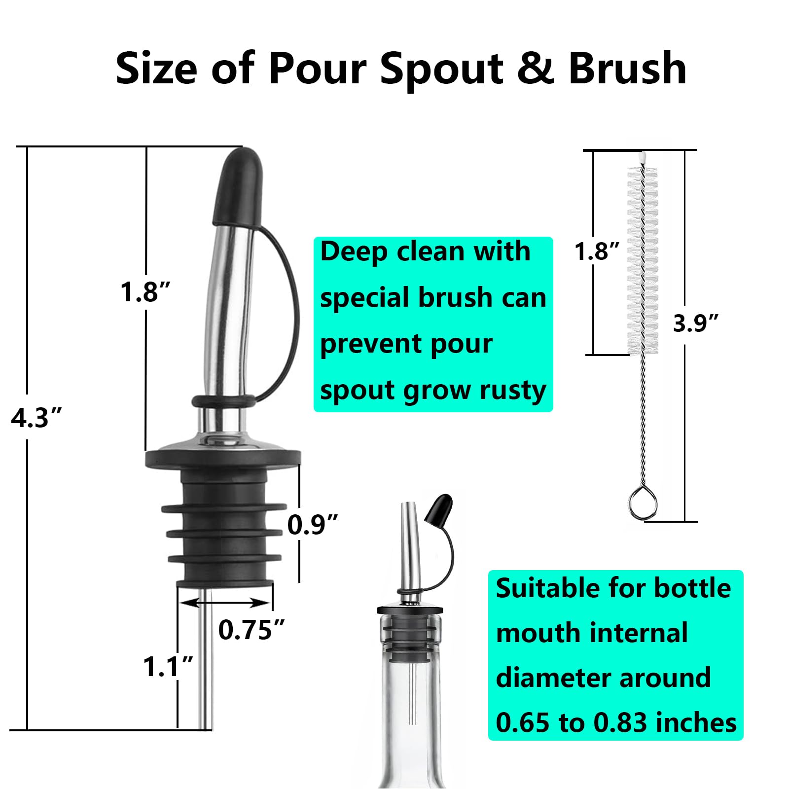 ZPUFAW 12 Pack Liquor Pour Spouts Inchluding 1 Piece of Brush with Rubber Caps Stainless Steel Tapered Speed Pourers Fits for Olive Oil Wine 3/4" Bottle Bar Bartender Accessories Tools