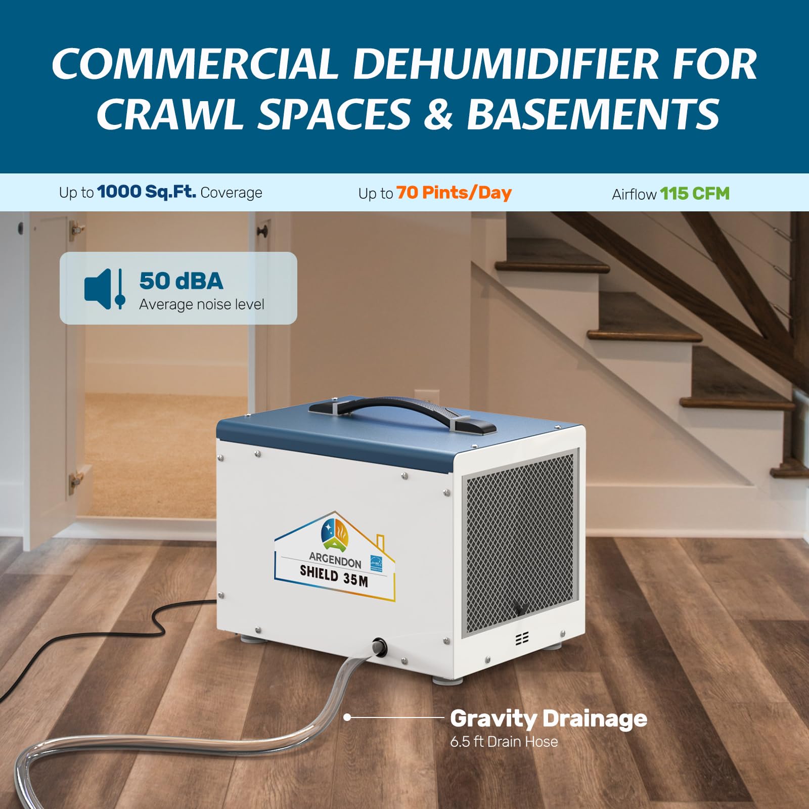 Argendon Dehumidifier for Crawlspace Basement, Energy Star Commercial Dehumidifier with Drain Hose, 70 PPD Compact Dehumidifier Ideal for Water Damage Storage Up to 1000 Sq Ft