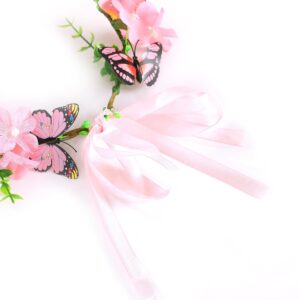 Gmmidea Butterfly Flower Crown for Women Girls Fairy Flower Headband Crown Adjustable Wedding Festival Floral Hair Wreath Pink