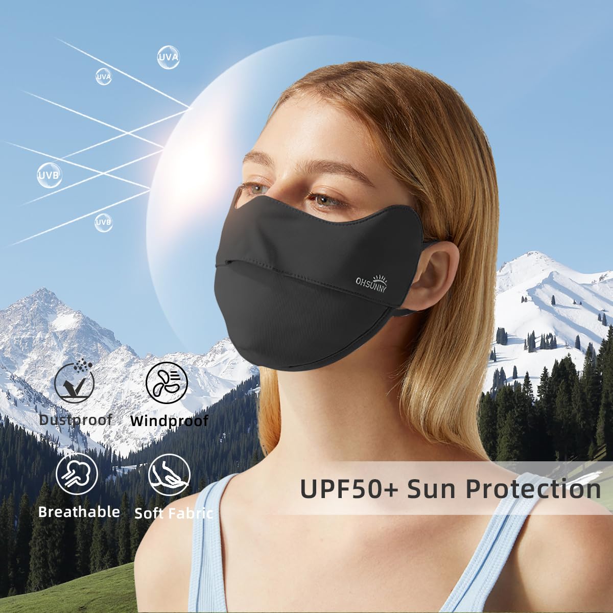 OHGOLF UV Face Cover UPF 50+ Women Breathable Face Covering Protection Sunscreen Mask SLN3M072D Black Classic