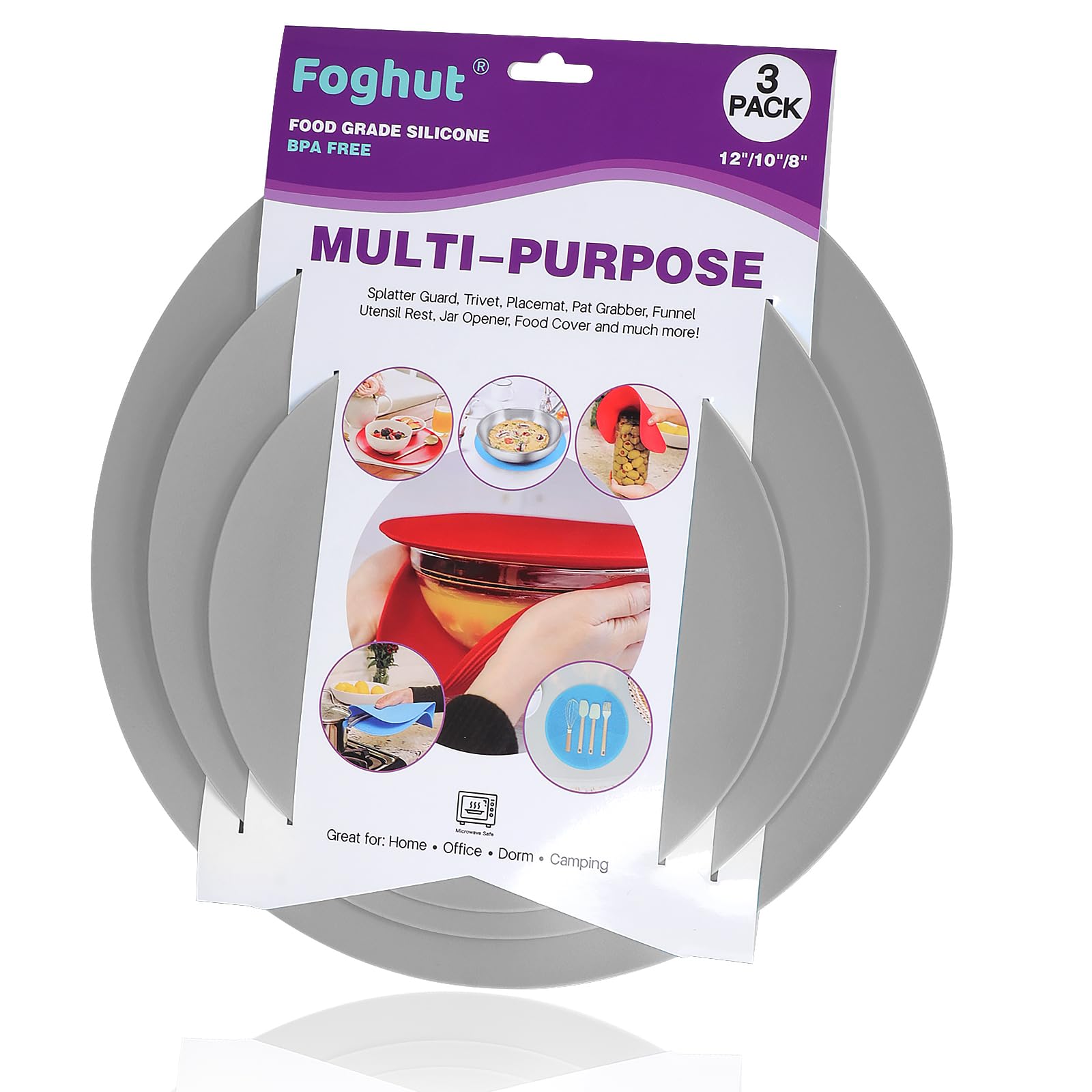 Foghut Multi-use Microwave Mat, 3 Pack Trivets, Hot Pad, Pot Holders, Place Mat, Utensils Rest, Silicone Cover Pad for Kitchen Counter (Non-Slip, Heat Resistant, Dishwasher Safe)