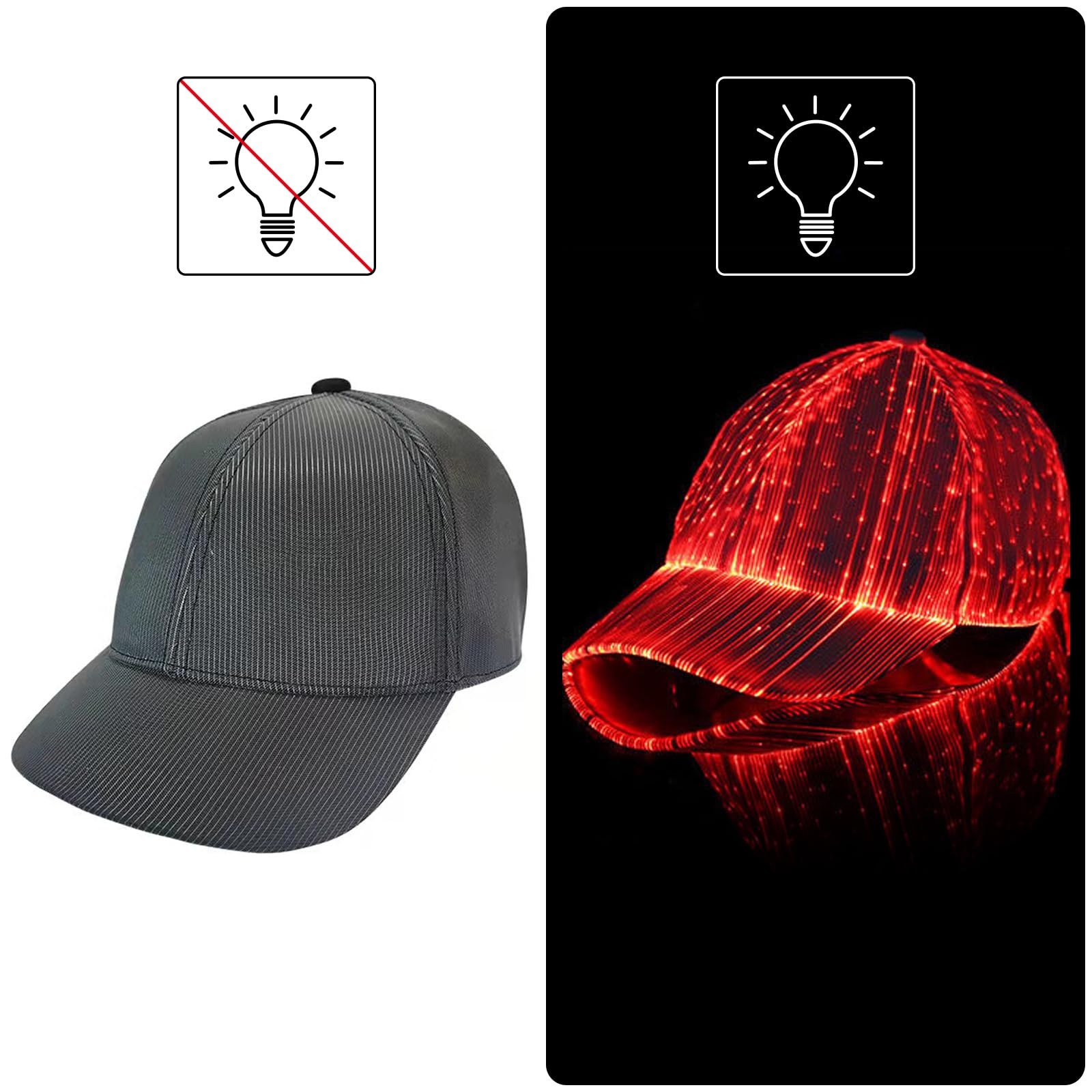 LIOVODE LED Hat, Baseball Cap Light Up with Fiber Optic 7 Colors Luminous USB Charging Shining Sun Visor Hat Accessories Hip pop Summer Party (Black)