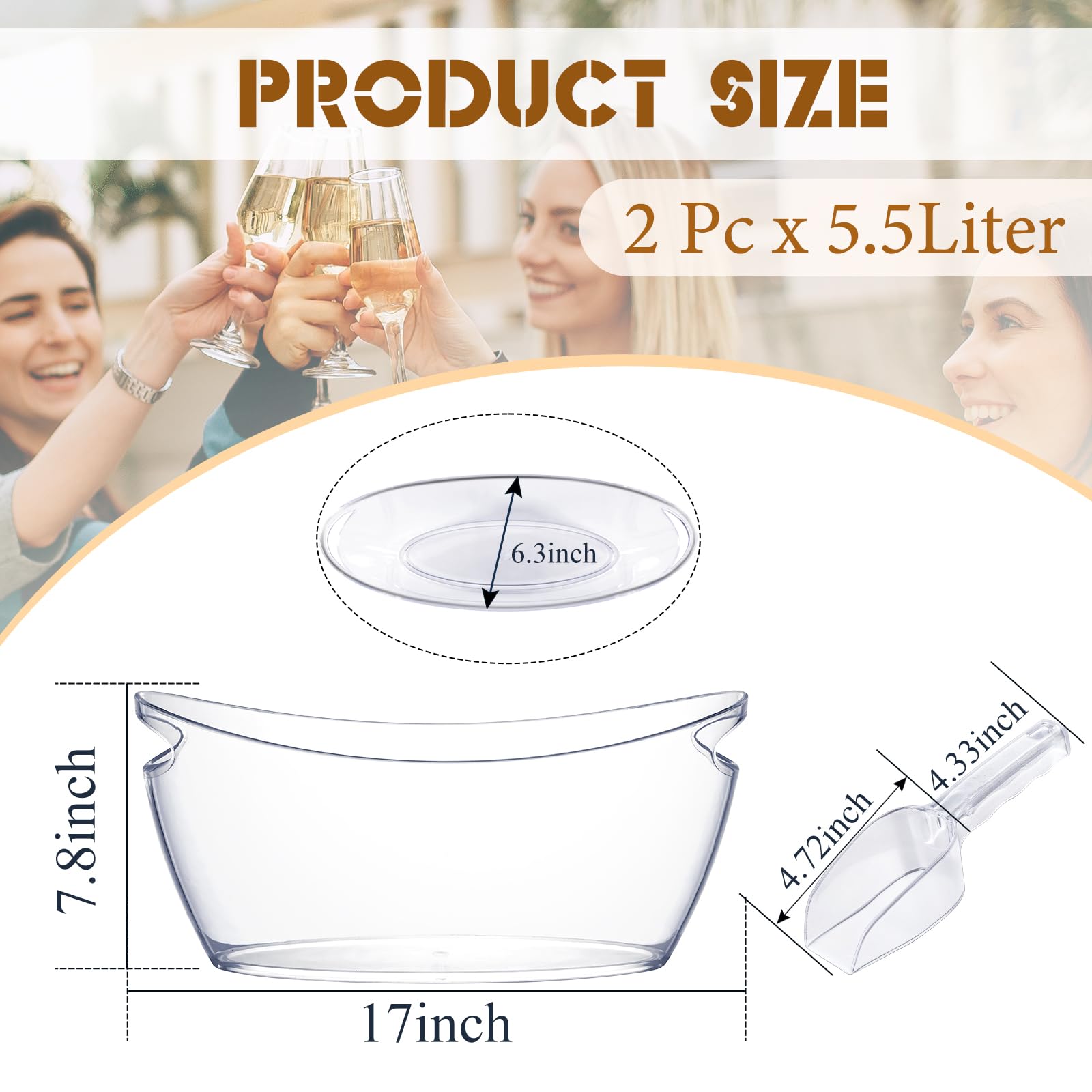 Ice Buckets for Parties, 2pcs Acrylic Champagne Beverage with 2 Ice Bucket Scoop, Drinks Buckets Tub for Cocktail Bar, 5.5L Bucket for Party(Clear)