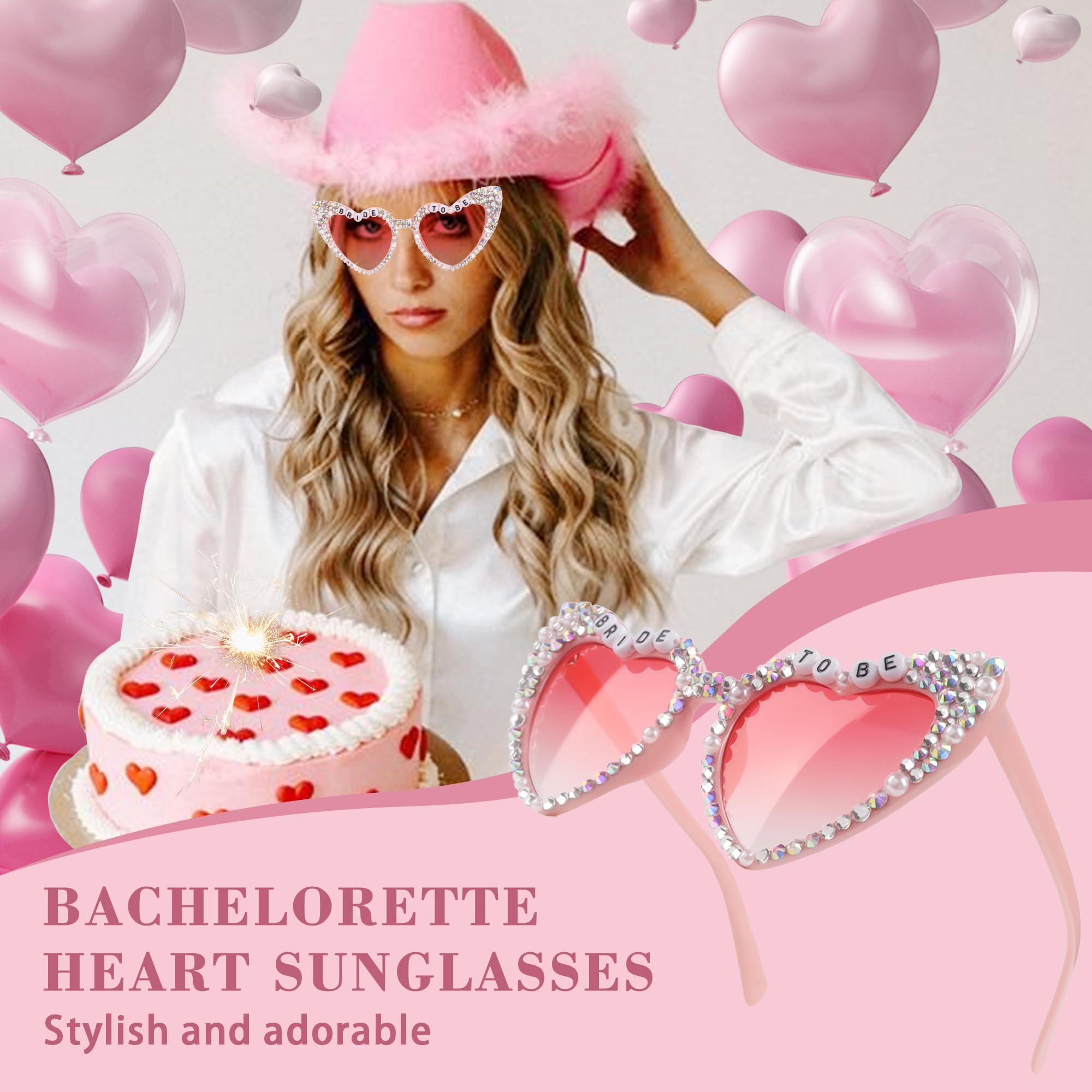 JUSTOTRY Bride Sunglasses For Bachelorette - Pink Bride To Be Sunglasses with Rhinestone For Bachelorette Party Gifts Accessories Party Favors (Heart Shape)